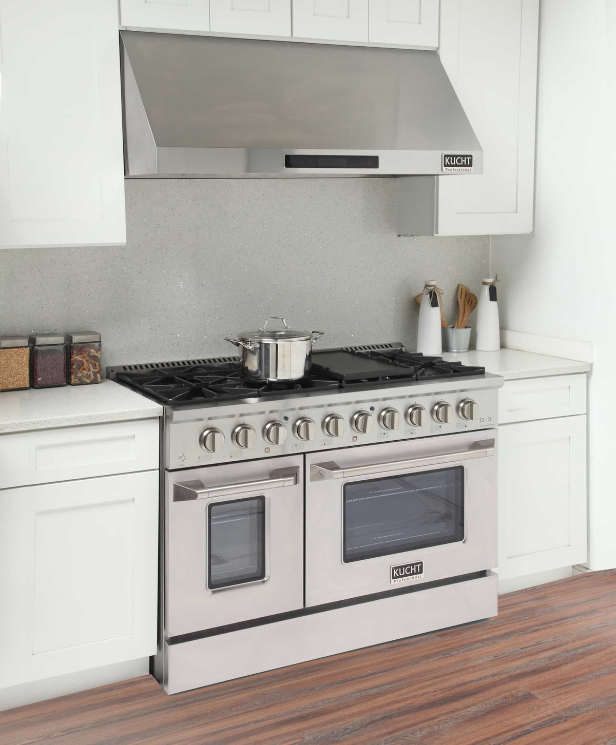 Kucht 5-Piece Appliance Package - 48" Dual Fuel Range, 36" Panel Ready Refrigerator, Under Cabinet Hood, Panel Ready Dishwasher, & Microwave Oven