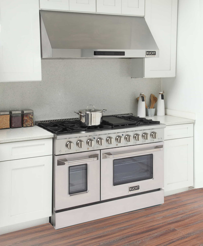 Kucht 5-Piece Appliance Package - 48-Inch Dual Fuel Range, Refrigerator, Wall Mount Hood, Dishwasher, & Microwave Oven in Stainless Steel