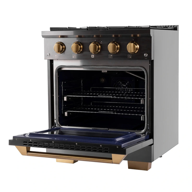 KUCHT Gemstone Professional 30-Inch 4.2 cu. ft. Natural Gas Range with Sealed Burners and Convection Oven in Titanium Stainless Steel with Gold Accents KEG303