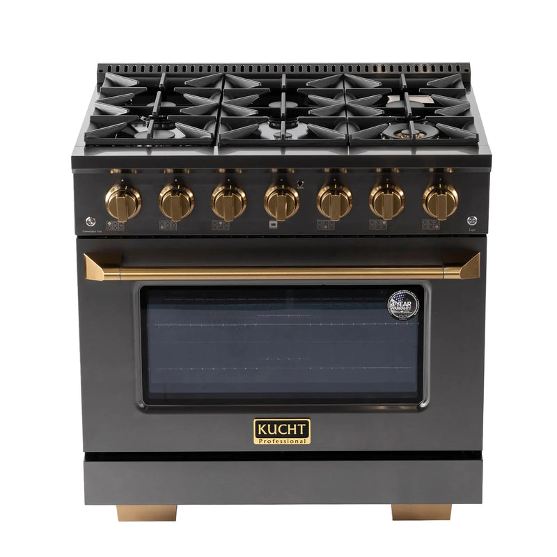 KUCHT Gemstone Professional 36-Inch 5.2 cu. ft. Propane Gas Range with Sealed Burners and Convection Oven in Titanium Stainless Steel with Gold Accents KEG363/LP