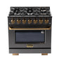 KUCHT Gemstone Professional 36-Inch 5.2 cu. ft. Propane Gas Range with Sealed Burners and Convection Oven in Titanium Stainless Steel with Gold Accents KEG363/LP