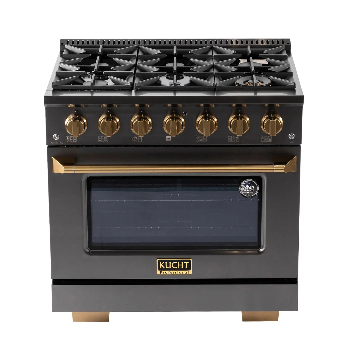 KUCHT Gemstone Professional 36-Inch 5.2 cu. ft. Propane Gas Range with Sealed Burners and Convection Oven in Titanium Stainless Steel with Gold Accents KEG363/LP