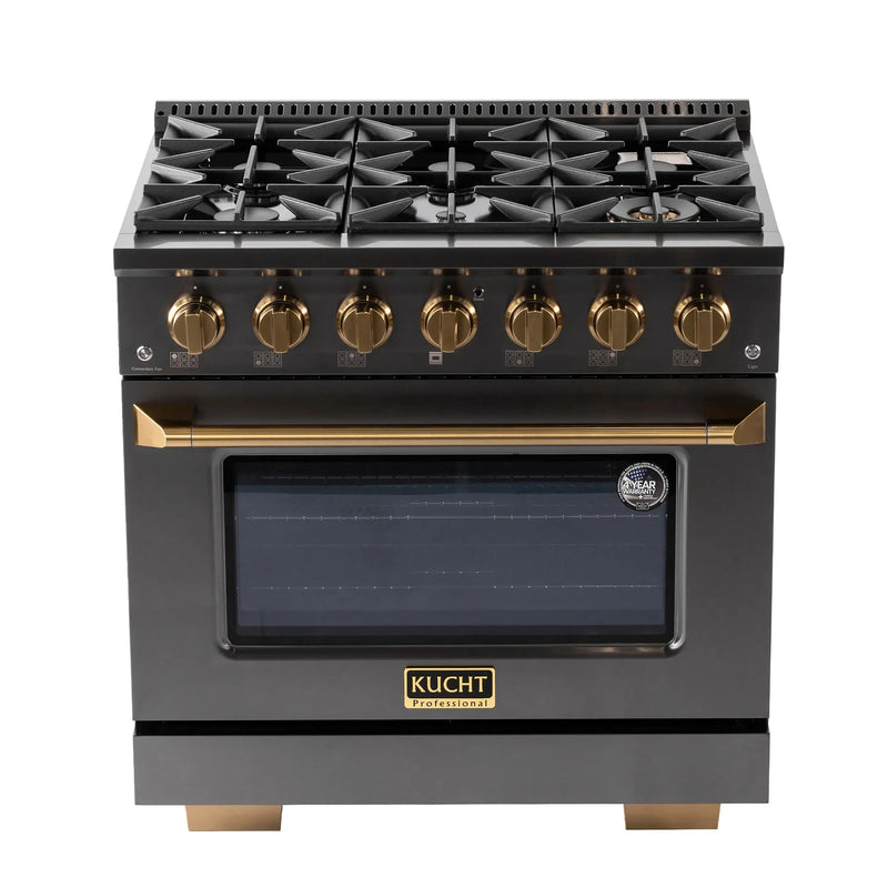 KUCHT Gemstone Professional 36-Inch 5.2 Cu. Ft. Dual Fuel Range for Propane Gas with Sealed Burners and Convection Oven in Titanium Stainless Steel KED364/LP