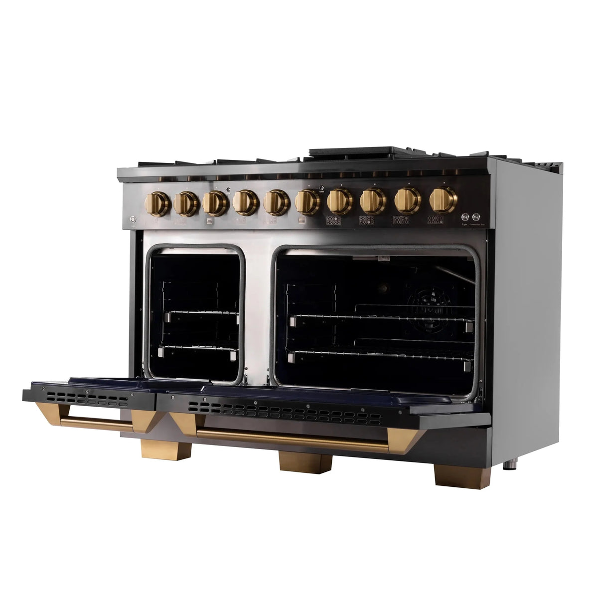 KUCHT Gemstone Professional 48-Inch 6.7 cu. ft. Natural Gas Range with Sealed Burners, Griddle/Grill and Two Ovens - One Convection - in Titanium Stainless Steel KEG483