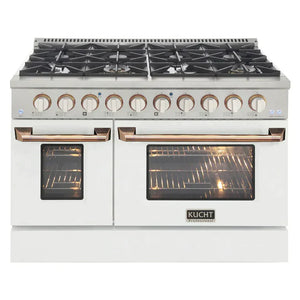 Kucht Signature 48-Inch Gas Range with Convection Oven in White with White Knobs & Gold Handle KNG481-W-GOLD