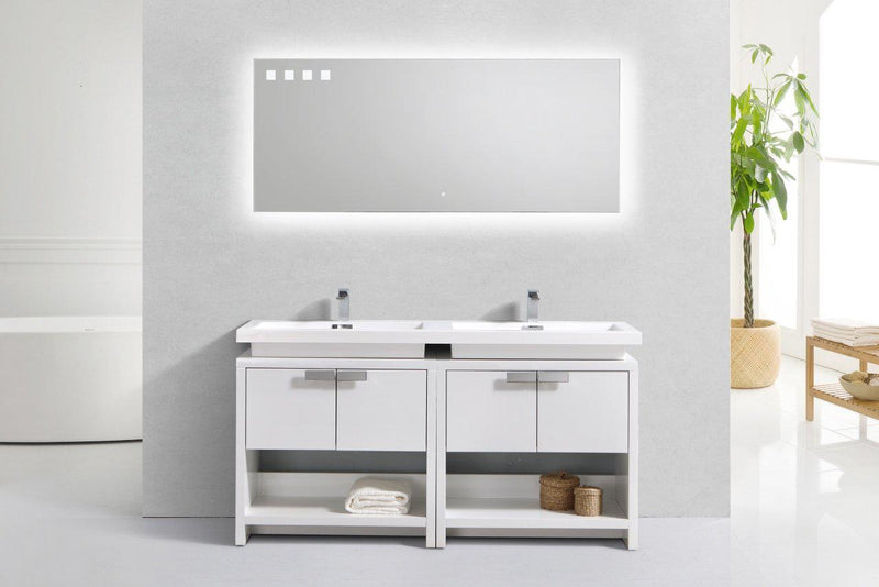 KubeBath Levi 63 in. Modern Bathroom Vanity w/ Cubby Hole - High Gloss White, L1600GW