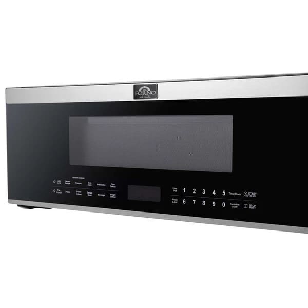 Angled view of Forno Padula 30-Inch Over-the-Range Microwave with closed door, showcasing its sleek stainless steel finish and modern design.