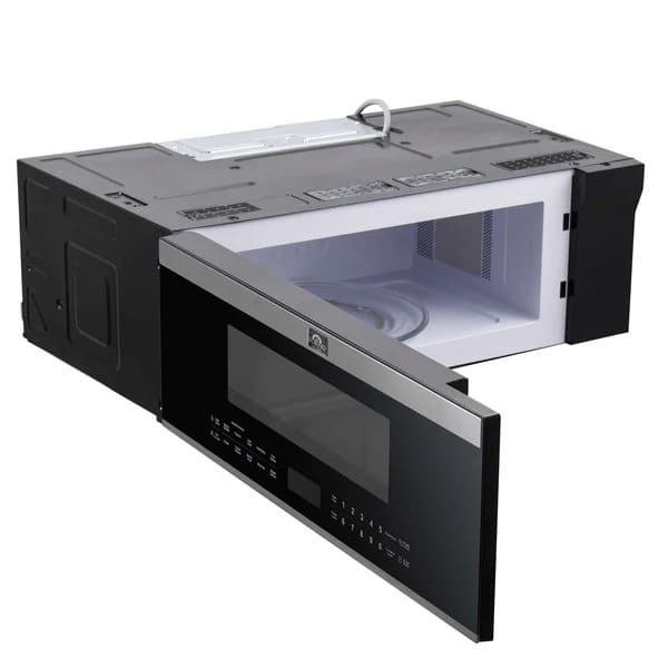 Left angled view of Forno Padula 30-Inch Over-the-Range Microwave with door open, showing interior cooking space and stainless steel exterior.