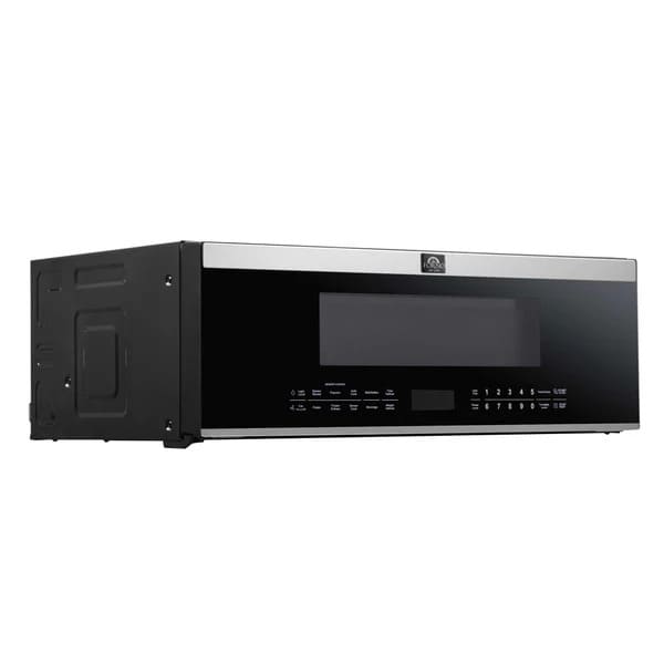 Right angled view of Forno Padula 30-Inch Over-the-Range Microwave with door closed, highlighting sleek stainless steel exterior and modern styling.