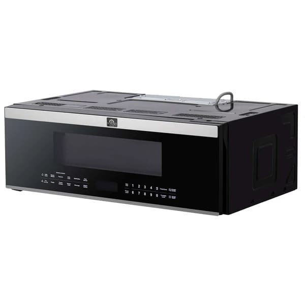Front left angled view of Forno Padula 30-Inch Over-the-Range Microwave showcasing stainless steel finish and sleek control panel.