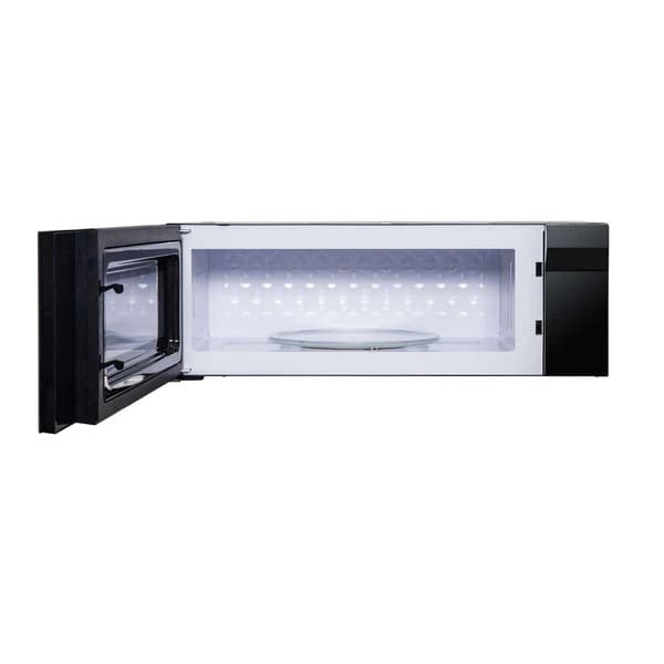 Front view of Forno Padula 30-Inch Over-the-Range Microwave with door open, displaying spacious interior and turntable.
