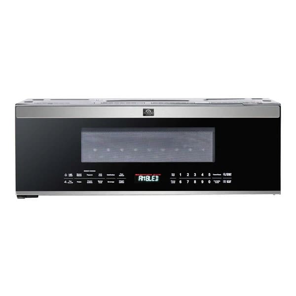 Front view of Forno Padula 30-Inch Over-the-Range Microwave in stainless steel with digital touch controls and LED display.