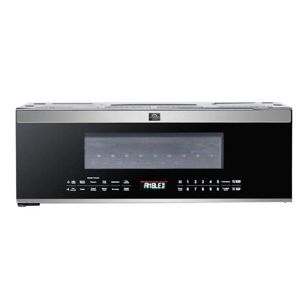 Front view of Forno Padula 30-Inch Over-the-Range Microwave in stainless steel with touch controls and low-profile design.


