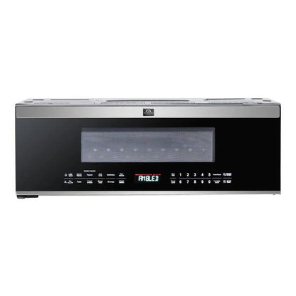 Front view of Forno Padula 30-Inch Over-the-Range Microwave in stainless steel with touch controls and low-profile design.

