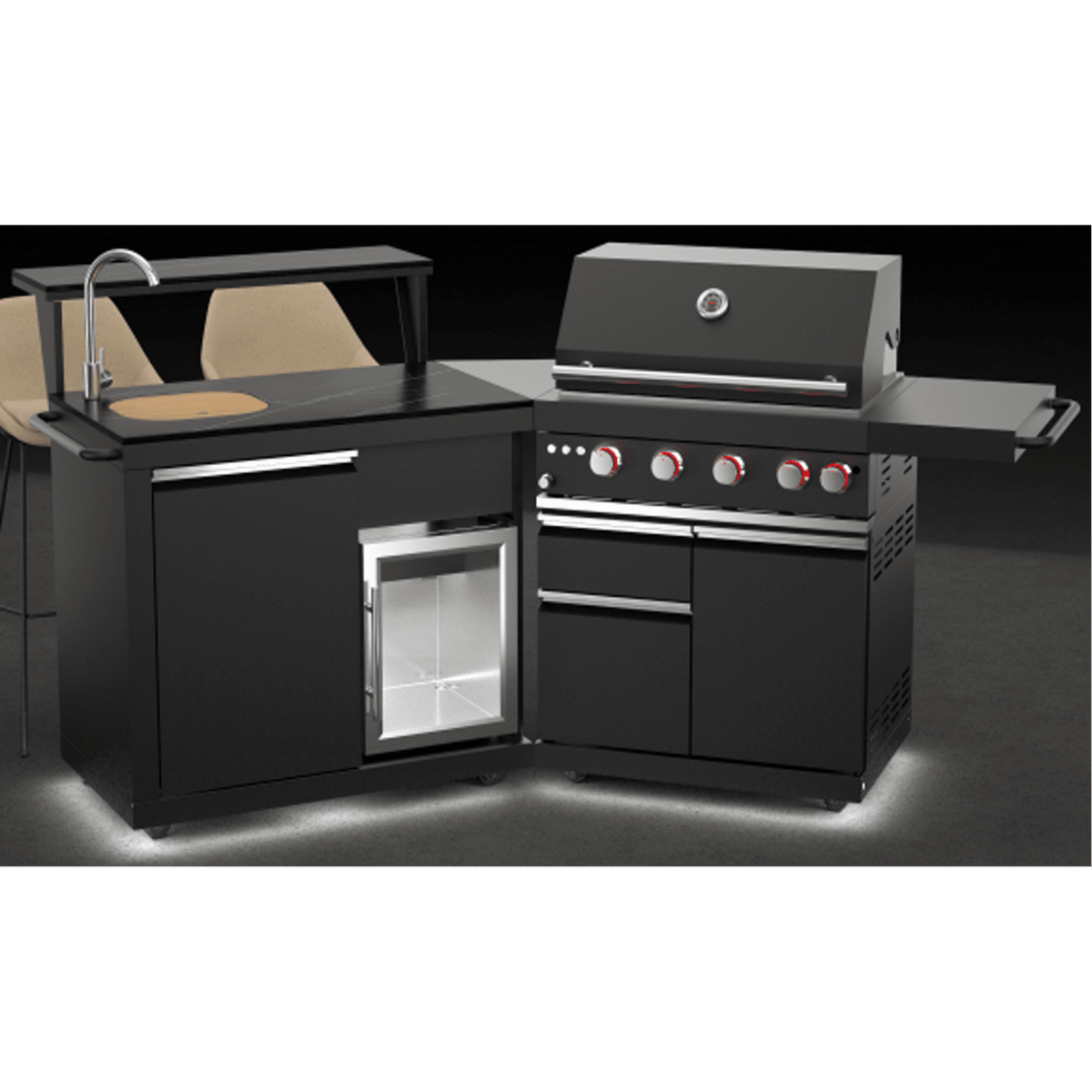 Forno All'Aperto 62,600 BTU BBQ with 3 Stainless-Steel Burners & Infrared Burners & Sink Module with Black Sintered Stone Countertops, Bar & Beverage Center