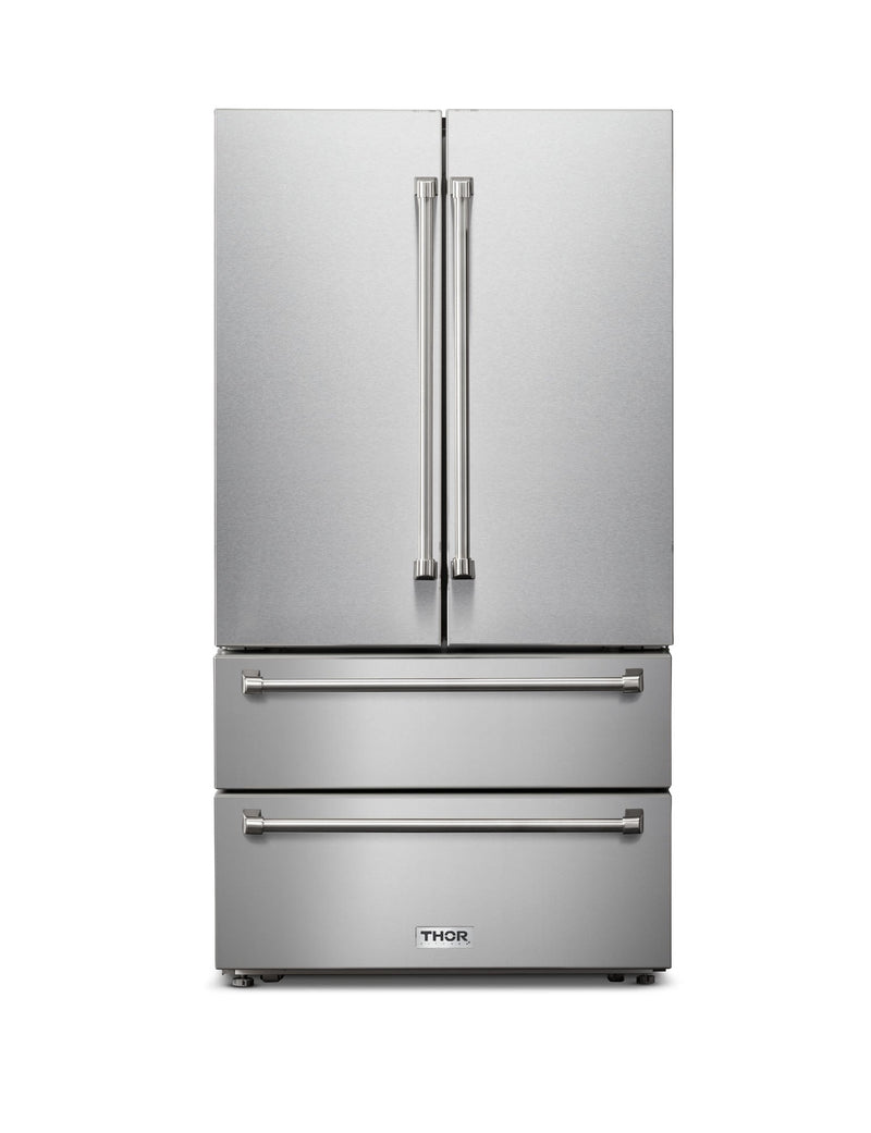 Thor Kitchen 6-Piece Appliance Package - 36-Inch Electric Range, Pro-Style Wall Mount Range Hood, Refrigerator, Dishwasher, Microwave, and Wine Cooler in Stainless Steel