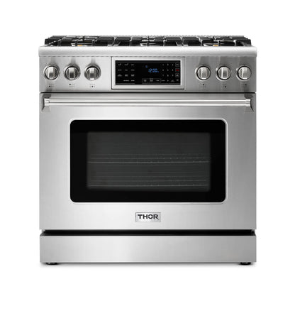 Thor Kitchen 36" Gas Range with 6.0 Cu. Ft. Self-Cleaning Oven, Air Fryer, Tilt Panel in Stainless Steel TRG3601