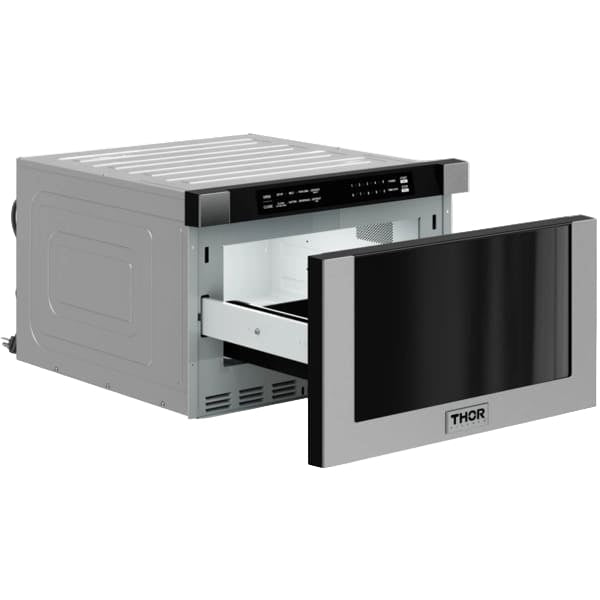 Stainless steel kitchen appliance with open drawer on a white background, featuring the Thor brand.