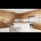 Modern kitchen with wooden cabinets, white island, and stainless steel appliances.