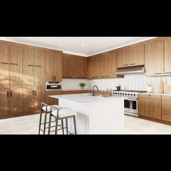 Modern kitchen with wooden cabinets, white island, and stainless steel appliances.