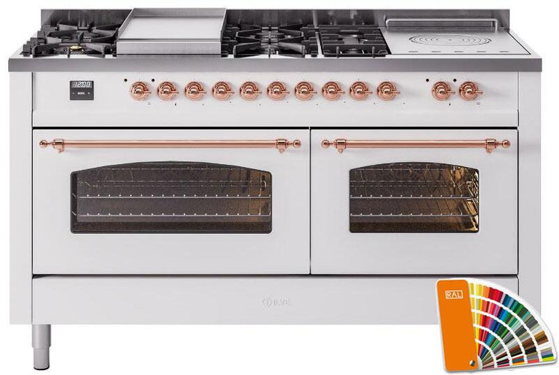 ILVE 60" Nostalgie II Series Freestanding Double Oven Dual Fuel Range with 8 Sealed Burners and Griddle - UP60FSNMP