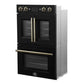 FORNO Asti 30-Inch Double Electric Wall Oven with Upper French Doors in Black/White with Antique Brass Trim