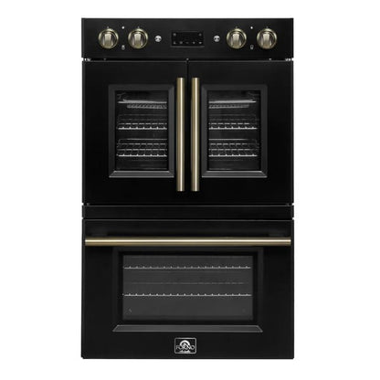 FORNO Asti 30-Inch Double Electric Wall Oven with Upper French Doors in Black/White with Antique Brass Trim