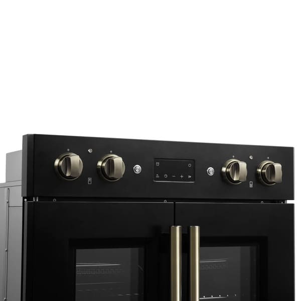 FORNO Asti 30-Inch Double Electric Wall Oven with Upper French Doors in Black/White with Antique Brass Trim