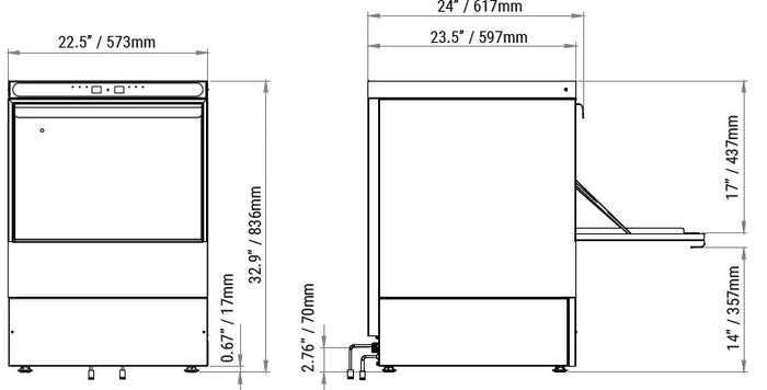 AMPTO Undercounter Dishwasher, door type, front loading, 23-5/8"W, (20/30 or 60) racks/hour capacity, high temp
