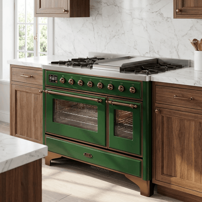 ILVE Majestic II 48 Inch Dual Fuel Range, Double Oven, 8 Burners & Griddle UM12FDNS3