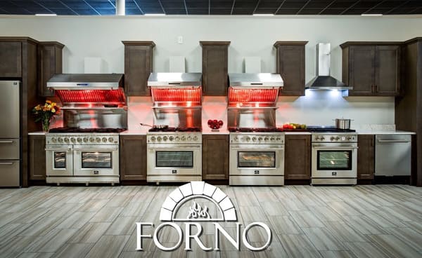 FORNO 3-Piece Appliance Package featuring a 36-inch gas range, French door refrigerator, and built-in dishwasher — all in stainless steel for a cohesive, modern kitchen look.