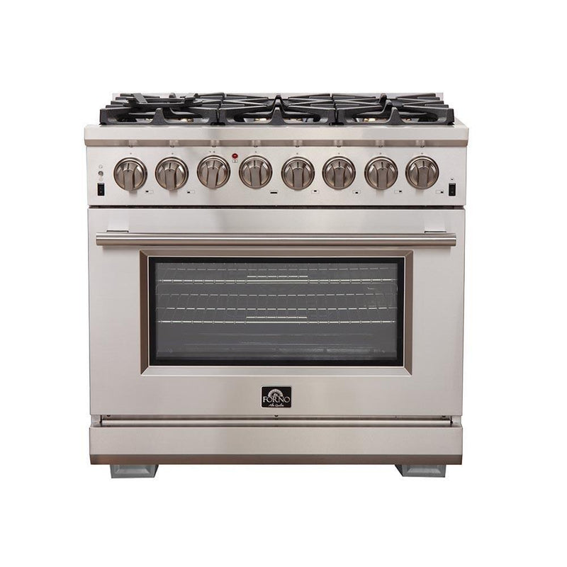 Forno 3-Piece Pro Appliance Package - 36-Inch Dual Fuel Range, Pro-Style Refrigerator, and Dishwasher in Stainless Steel