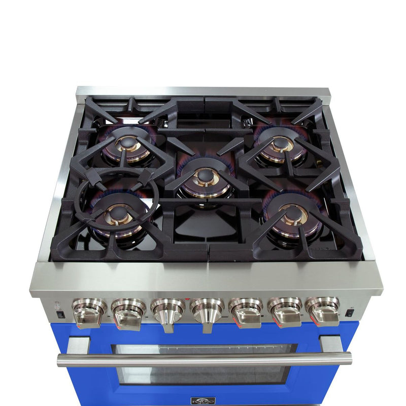 Forno 30-Inch Capriasca Dual Fuel Range with 5 Gas Burners and 240v Electric Oven in Stainless Steel with Blue Door (FFSGS6187-30BLU)