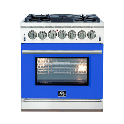 Forno 30-Inch Capriasca Dual Fuel Range with 5 Gas Burners and 240v Electric Oven in Stainless Steel with Blue Door (FFSGS6187-30BLU)