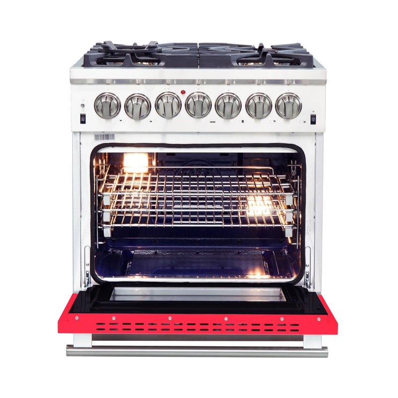 Forno 30-Inch Capriasca Dual Fuel Range with 5 Gas Burners and 240v Electric Oven in Stainless Steel with Red Door (FFSGS6187-30RED)
