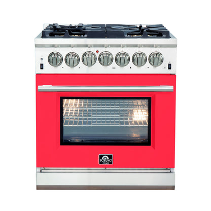 Forno 30-Inch Capriasca Dual Fuel Range with 5 Gas Burners and 240v Electric Oven in Stainless Steel with Red Door (FFSGS6187-30RED)