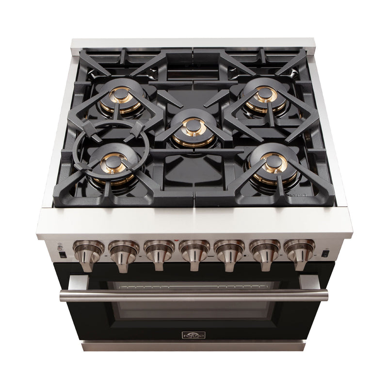 Forno 30-Inch Capriasca Gas Range with 5 Burners and Convection Oven in Stainless Steel with Black Door (FFSGS6260-30BLK)