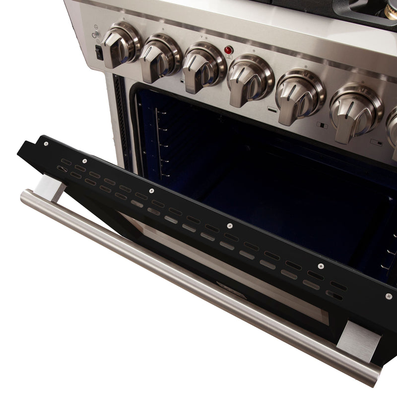Forno 30-Inch Capriasca Gas Range with 5 Burners and Convection Oven in Stainless Steel with Black Door (FFSGS6260-30BLK)