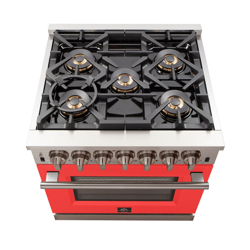 Forno 30-Inch Capriasca Gas Range with 5 Burners and Convection Oven in Stainless Steel with Red Door (FFSGS6260-30RED)