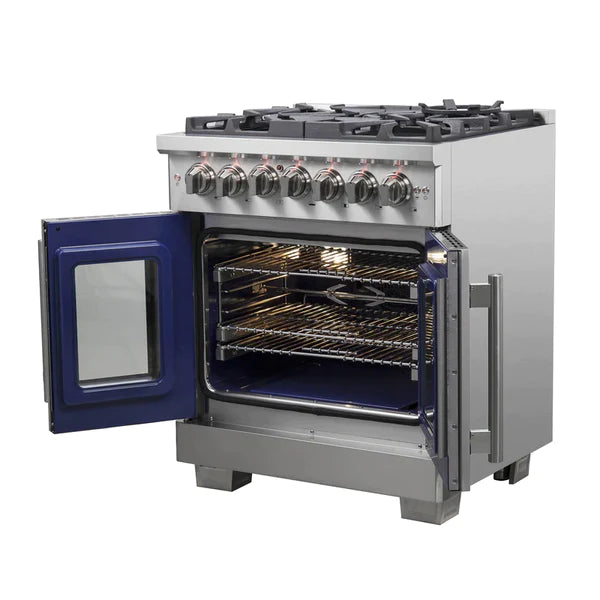 FORNO 30-Inch Capriasca Dual Fuel Range with 5 Gas Burners, 100,000 BTUs, and French Door Electric Oven in Stainless Steel - FFSGS6387-30