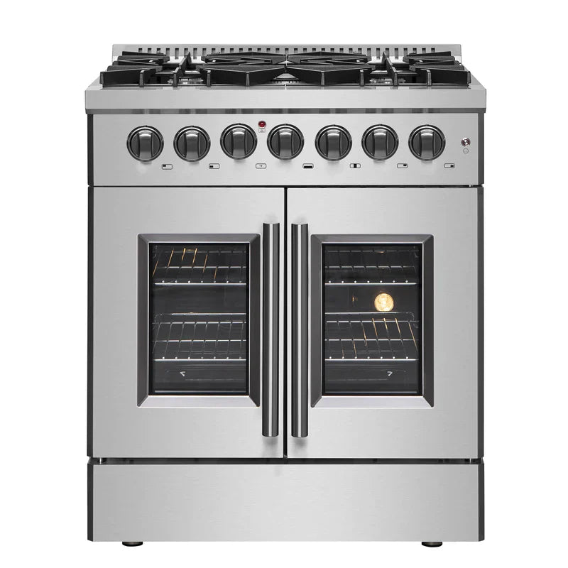 FORNO 30-Inch Galiano Freestanding French Door Dual Fuel Range with 5 Burners and 68,000 BTUs in Stainless Steel - FFSGS6356-30