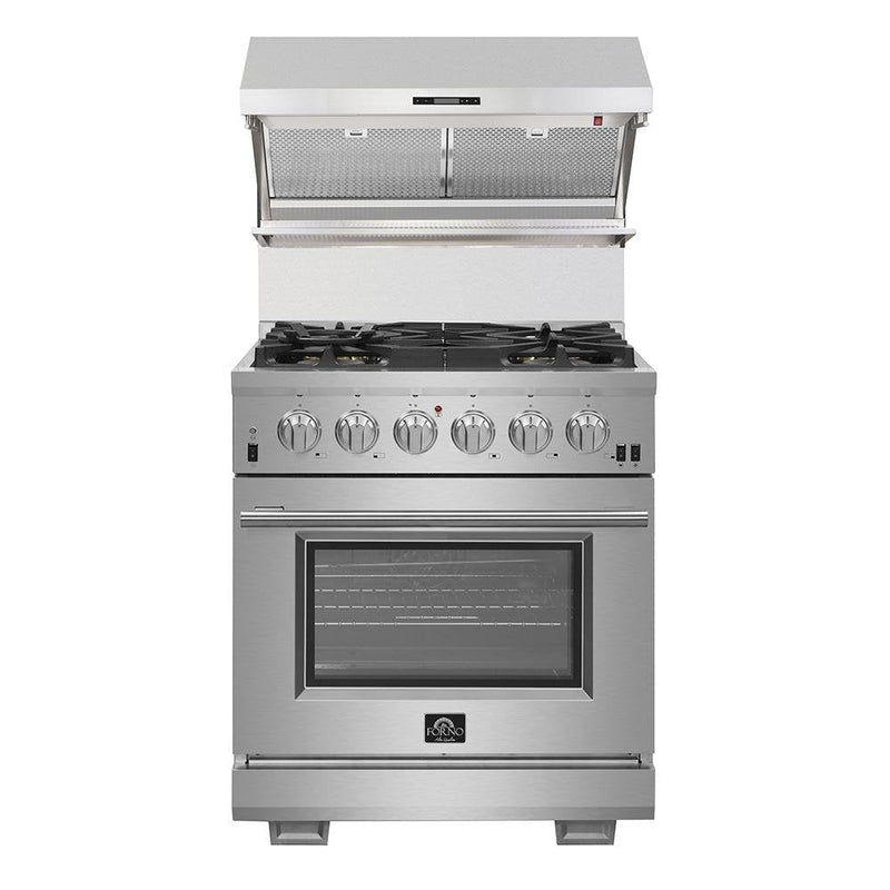 Forno 5-Piece Appliance Package - 30-Inch Electric Range, Wall Mount Range Hood with Backsplash, Pro-Style Refrigerator, Dishwasher, and Microwave Oven in Stainless Steel