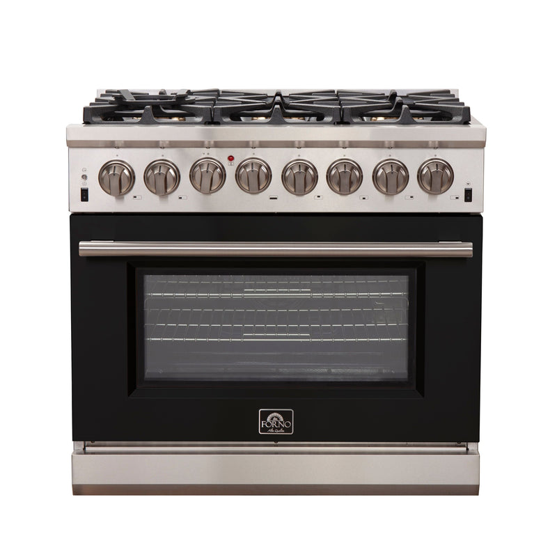 Forno 36-Inch Capriasca Dual Fuel Range with 6 Gas Burners and 240v Electric Oven in Stainless Steel with Black Door (FFSGS6187-36BLK)
