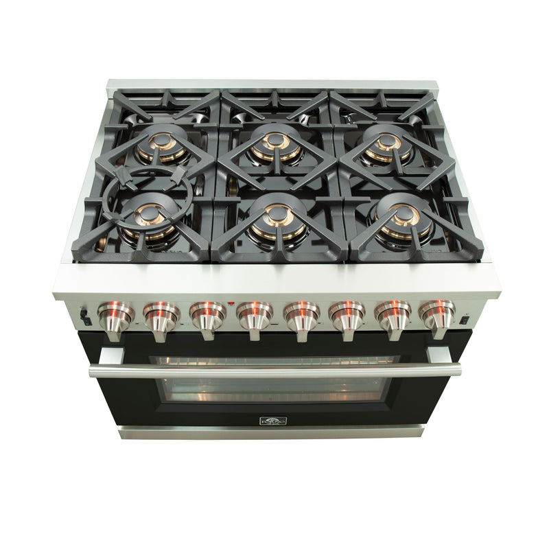 Forno 36-Inch Capriasca Dual Fuel Range with 6 Gas Burners and 240v Electric Oven in Stainless Steel with Black Door (FFSGS6187-36BLK)