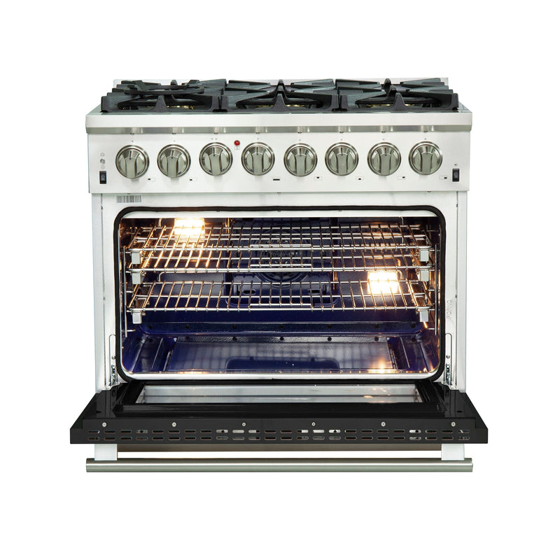 Forno 36-Inch Capriasca Dual Fuel Range with 6 Gas Burners and 240v Electric Oven in Stainless Steel with Black Door (FFSGS6187-36BLK)
