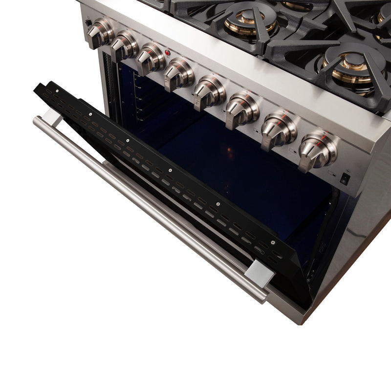 Forno 36-Inch Capriasca Dual Fuel Range with 6 Gas Burners and 240v Electric Oven in Stainless Steel with Black Door (FFSGS6187-36BLK)
