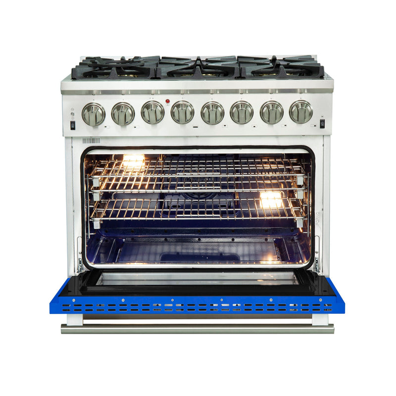 Forno 36-Inch Capriasca Dual Fuel Range with 6 Gas Burners and 240v Electric Oven in Stainless Steel with Blue Door (FFSGS6187-36BLU)