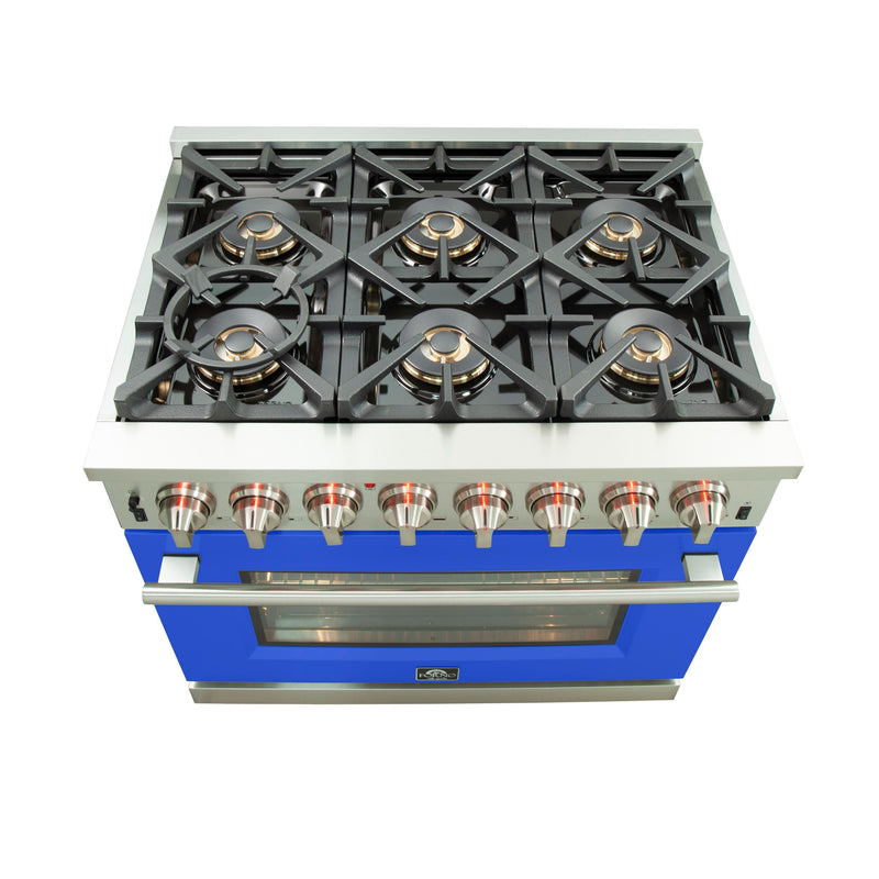 Forno 36-Inch Capriasca Dual Fuel Range with 6 Gas Burners and 240v Electric Oven in Stainless Steel with Blue Door (FFSGS6187-36BLU)