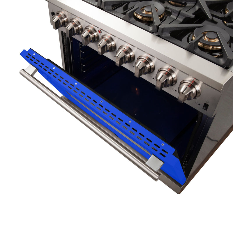 Forno 36-Inch Capriasca Dual Fuel Range with 6 Gas Burners and 240v Electric Oven in Stainless Steel with Blue Door (FFSGS6187-36BLU)