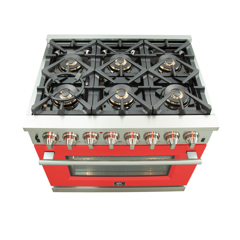 Forno 36-Inch Capriasca Dual Fuel Range with 6 Gas Burners and 240v Electric Oven in Stainless Steel with Red Door (FFSGS6187-36RED)